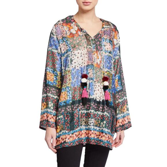 Johnny Was NWOT Daisy Floral Long Sleeve Top With Pompom Tassels Silk Size Small